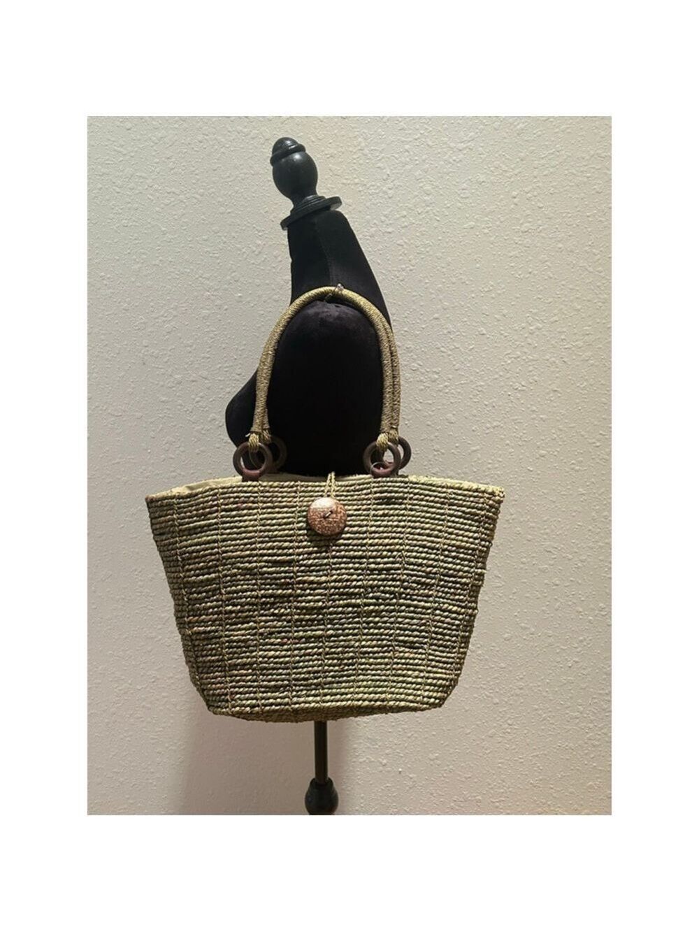 Women's hand crafted natural Green Straw Tote Bag 16w x 11h x 6